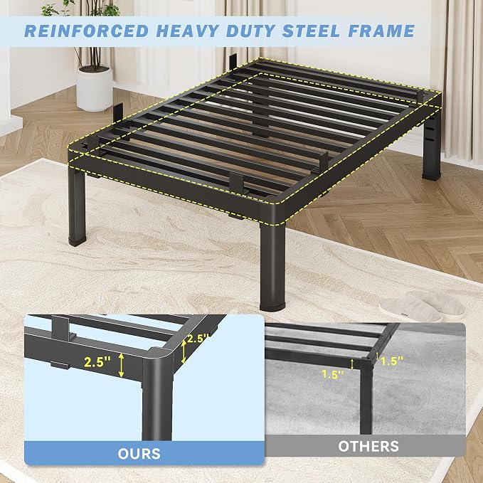 18 Inch Twin Bed Frames, Reinforced Heavy Duty Metal Bed Frame Twin Size, 4000LBS Rounded Corner & No-Slip Mattress Grip, Squeak-Free Platform Bed Frame with Headboard Holes Easy Assembly