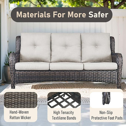 Outdoor Patio Furniture - 3 Seater Outdoor Rattan Wicker Sofa Patio Couch with Ottoman for Porch Deck Garden Backyard - Brown/Beige
