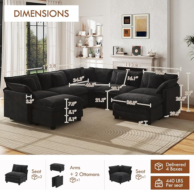 WorthFurni 114” Oversized Modular Sectional Sofa, 7-Seater V Shaped Cloud Couch Set, Comfy Chenille Deep Seat Couches with 2 Movable Ottomans, DIY Combination for Living Room (Black)