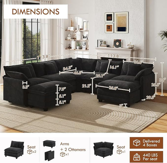 WorthFurni 114” Oversized Modular Sectional Sofa, 7-Seater V Shaped Cloud Couch Set, Comfy Chenille Deep Seat Couches with 2 Movable Ottomans, DIY Combination for Living Room (Black)
