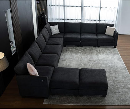 150.4" Large Sectional Couches for Living Room, 8 Seater L Shaped Modular Sectional Sofa with Two Storage Ottomans & USB, Oversized Corner Couch for Living Room（Black）