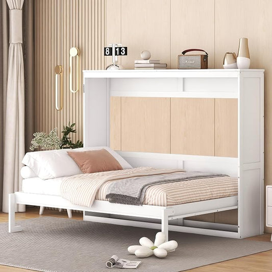 Merax Modern Farmhouse Solid Wood Murphy Bed Chest, Wall Bed with Wood Slat Support/No Box Spring Needed/Space Saving/Full,White