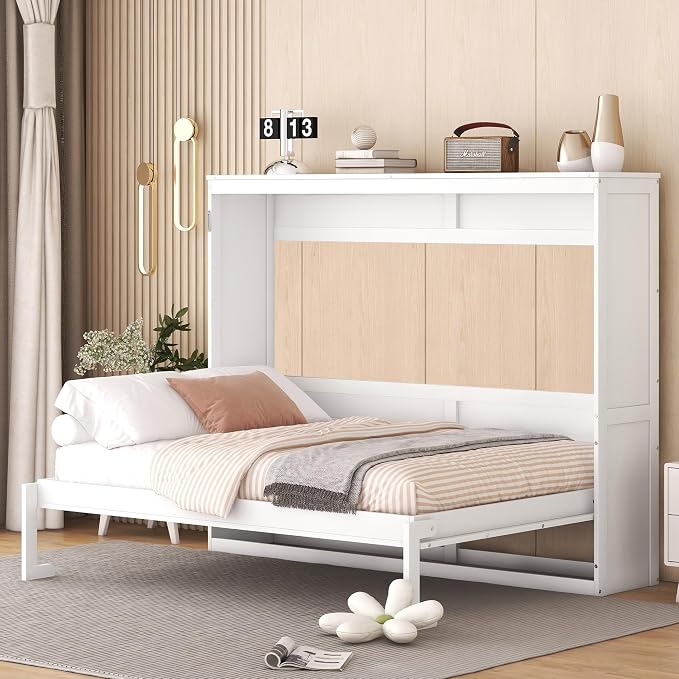 Ball & Cast Full Size Murphy Bed,Hideaway Beds with Dual Piston Metal Folding Mechanism Designed,Wood Wall Cabinets Bedframe w/Slat Support and Storage Platform Top,Hardware Chain,for Apartment,White