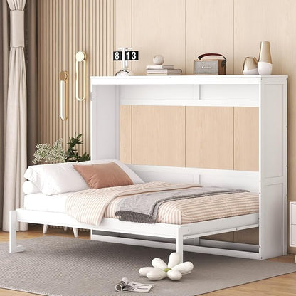Ball & Cast Full Size Murphy Bed,Hideaway Beds with Dual Piston Metal Folding Mechanism Designed,Wood Wall Cabinets Bedframe w/Slat Support and Storage Platform Top,Hardware Chain,for Apartment,White