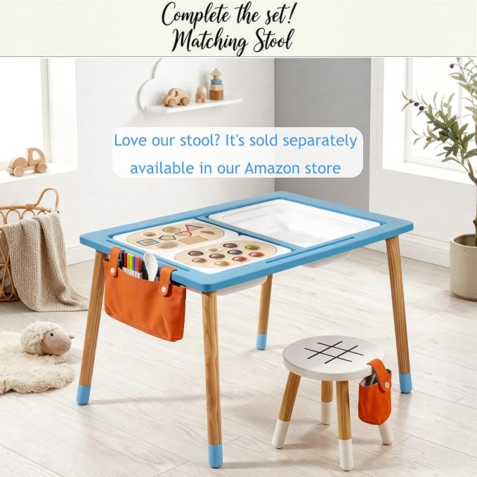 Blue Sensory Table for Toddlers – Montessori Activity Table with 3 Bins, 2 White Acrylic Lids, Transparent Lid, Paper Roll Holder, Wooden Inserts, Storage Bag & Adjustable Heights