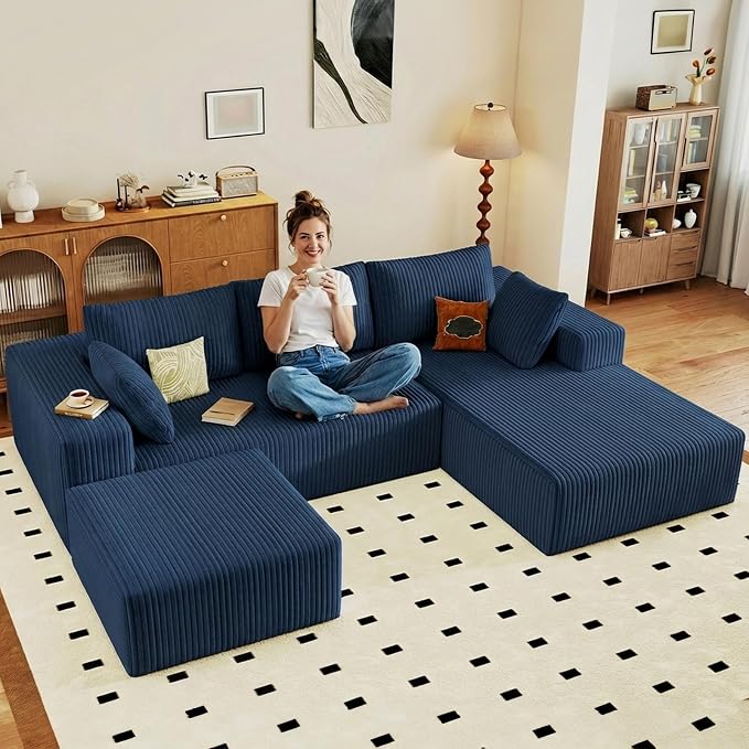 95" Cloud Sectional Couch U-Shaped Chaise with Ottoman, Corduroy Boneless Couch for Living Room Bedroom, Deep-Seat Upholstered Modular Cloud Sofa, No Assembly Required (Blue, Right Facing Chaise)