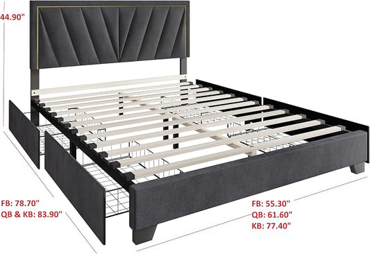 HOME DESIGN Valdez King Size Upholstered Storage Platform Bed Frame, Velvet Fabric, Channel Tufted Headboard, 4 Drawers, No Box Spring Needed, Dark Gray