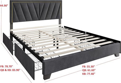 HOME DESIGN Valdez Queen Size Upholstered Storage Platform Bed Frame, Velvet Fabric, Channel Tufted Headboard, 4 Drawers, No Box Spring Needed, Dark Gray