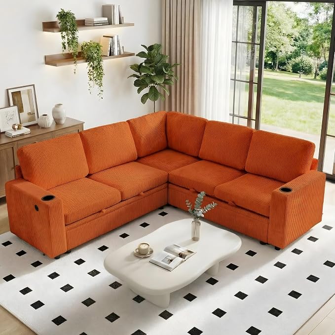 Sectional Sleeper Sofa with Pull Out Bed, Plush Corduroy L Shaped Corner Couch with Storage, USB Ports, Cup Holders, Comfy Sectional Couches for Living Room, Orange