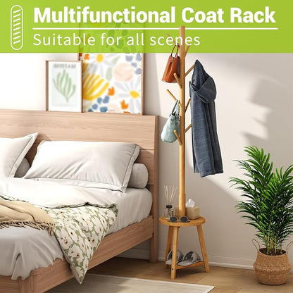 BMOSU Coat Rack freestanding Stand with 2 Shelves Bamboo Wooden Coat Tree Easy Assembly 8 Hooks Standing Jackets Hanger Hallway Office Floor Coat Stand Nature