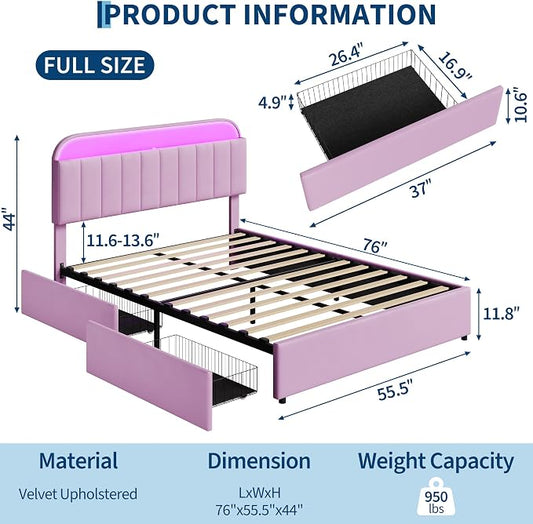 Garvee Full Size Bed Frame with 2 Flexible Drawers, Upholstered Platform Bed Frame with Bookcase Headboard and LED Lights, Kids Bed for Girls, Easy Assembly, Noise Free, Purple