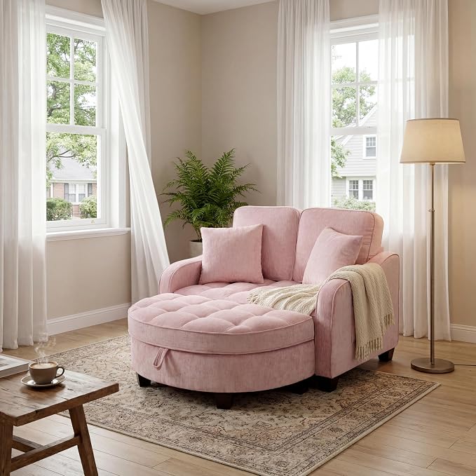 ERYE Chenille Tufted Loveseat Sofa and Ottoman Set, Tufted Recliner Sleeper Chaise Lounge with Curved Storage Ottoman,Reclining Backrest and Side Pockets, 4 Pillows