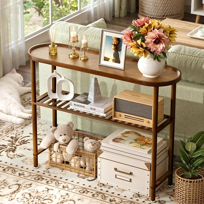 Farmhouse Entryway Table Bamboo 39.4", Narrow Console Table Oval Top, Behind Sofa Table with Anti-fall Edge, TV Stand for Living Room, Indoor Outdoor Plant Stand, 5min Easy Assembly, Dark Walnut