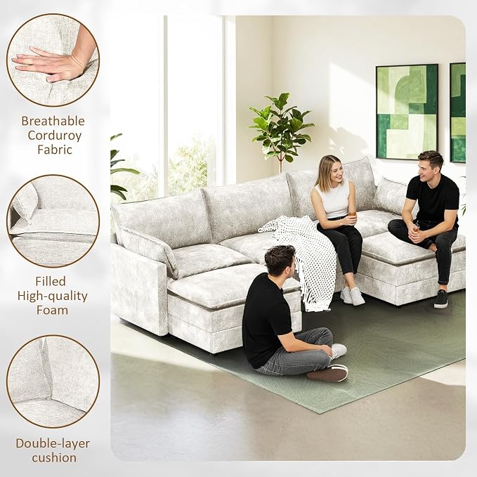 LEVELEVE 112.5" U-Shape Modular Sofa with 2 Ottomans, Deep Seat Cloud Convertible Sleeper, 2 Arm Pillows, Comfortable Upholstered Furniture for Living Room Apartment, Beige