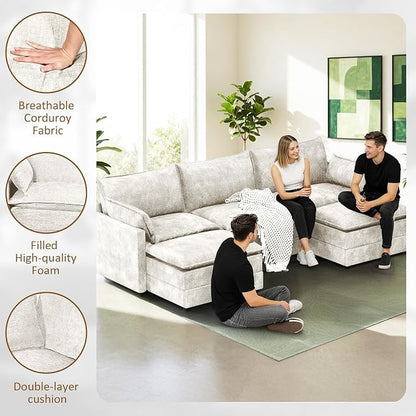 LEVELEVE 112.5" U-Shape Modular Sofa with 2 Ottomans, Deep Seat Cloud Convertible Sleeper, 2 Arm Pillows, Comfortable Upholstered Furniture for Living Room Apartment, Beige