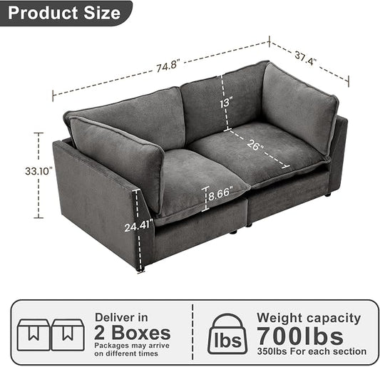 Iroomy Modular Sectional Sofa, Oversized Chenille Cloud Couch, Deep Comfy Seat, 2-Seater Sofas Couches for Living Room, Dark Grey