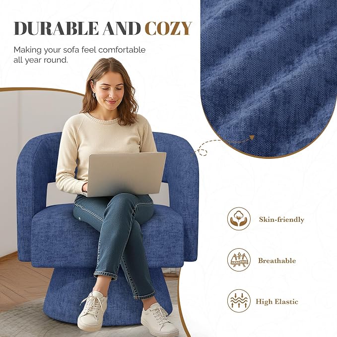 Luxanimarion Swivel Barrel Accent Chair,Oversized Chenille Upholstered Round Swivel Chair,Modern Luxury 360 Degree Living Room Vanity Chair for Bedroom Office,Blue Chenille,4PCS