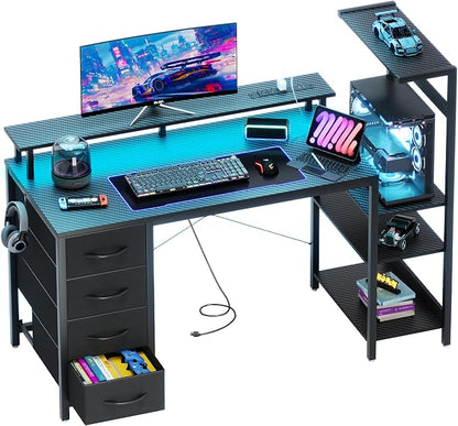 51 Inch Gaming Desk with LED Lights and Power Outlets, Computer Desk with Storage Shelves, Fabric Drawers, Monitor Stand & Side Hook, Reversible Gamer Table for Home Office, Carbon Fiber Black