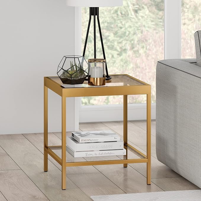 Henn&Hart 20" Wide Square Square Side Table in Brass, Table for Living Room, Bedroom | Two-tiered glass shelves with a metal frame, offering open display space for living rooms, offices, or bedrooms