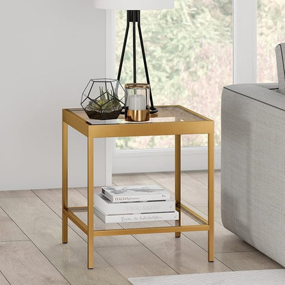 Henn&Hart 20" Wide Square Square Side Table in Brass, Table for Living Room, Bedroom | Two-tiered glass shelves with a metal frame, offering open display space for living rooms, offices, or bedrooms