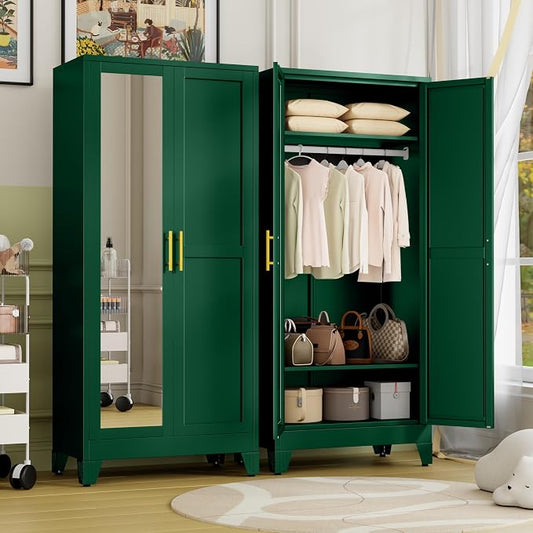 Metal Armoire Wardrobe Closet Storage Cabinet with Mirror Green, 71'' Wardrobe Cabinet with Hanging Rod Metal Closet with 2 Adjustable Shelves for Bedroom, Laundry Room, Cloak Room