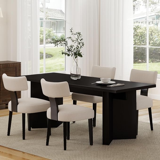 RIVOVA Mid Century Modern Dining Chairs Set of 4 Farmhouse Linen Fabric Upholstered Dining Room Chairs Kitchen Chairs with Curved Backrest Black Wood Legs, Beige