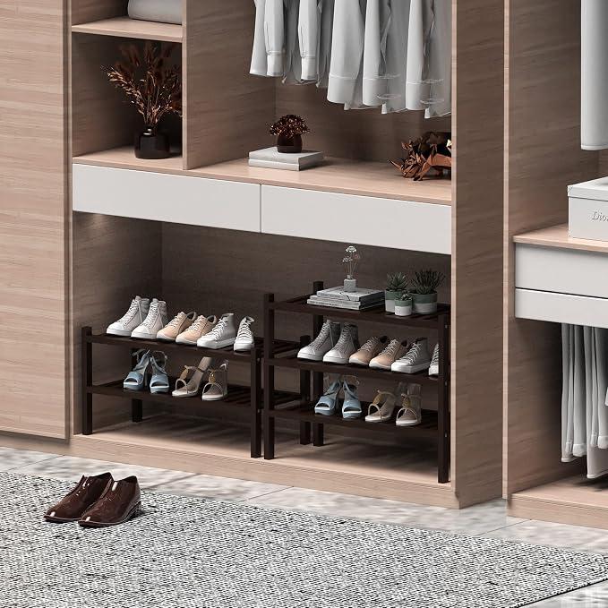 ROMGUAR CRAFT 2 Tier (Thick) Bamboo Shoe Rack for Closet Free Standing Wood Shoe Shelf for Entryway Small Space Stackable 27"x12"x14" (Black Brown)