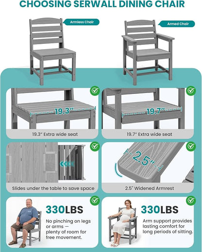 SERWALL Armless Outdoor Dining Chair Set of 2, All Weather Resistant,Light Gray