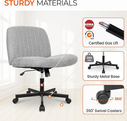 Orange Factory Criss Cross Chair Wheels Wide Cross Legged Office Desk Vanity Chair Comfy Fabric Armless Adjustable Swivel for Home Computer Task (Grey Wheel, Fabric)
