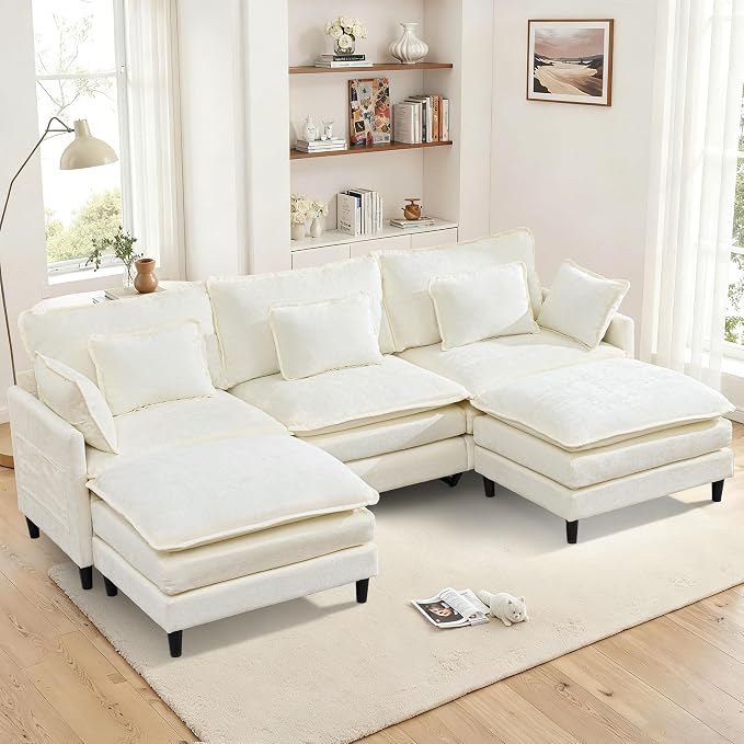 113" Chenille Modular Sectional Sofa, Convertible L Shaped Modular Sofa Comfy Cloud Couch with Ottoman, Side Pockets and 5 Throw Pillows for Living Room (White, 113" - 5 Seats)