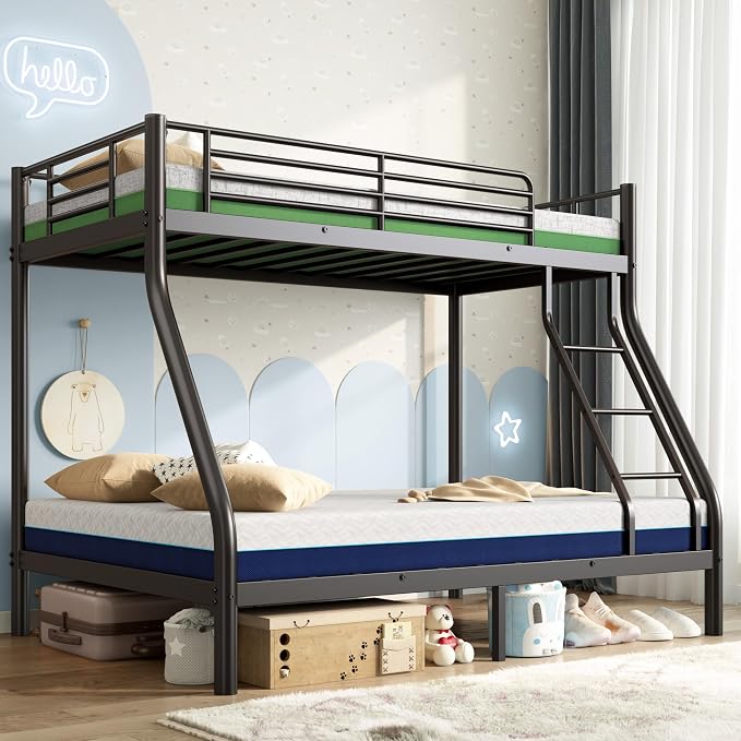 Bunk Beds Twin Over Full Size with 6'' Mattresses, Heavy Duty Metal Bunk Bed Frame with Angled Ladder for Teens and Adults, Space Saving for Apartment, Dorm or Small Room, Easy Assembly