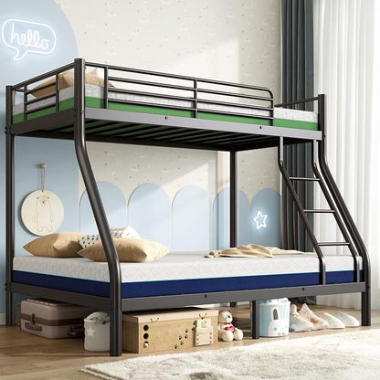 Bunk Beds Twin Over Full Size with 6'' Mattresses, Heavy Duty Metal Bunk Bed Frame with Angled Ladder for Teens and Adults, Space Saving for Apartment, Dorm or Small Room, Easy Assembly