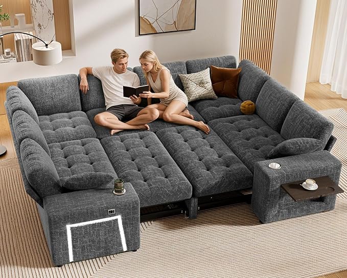 Vipbear 111" Modular Sectional Sleeper Sofa with Pull Out Bed, 8 Seat Chenille U Shaped Couch with 2 Pull-Out Beds|USB Ports|Cup Holders|Side Table|LED Light, Tool Free Assembly, Grey