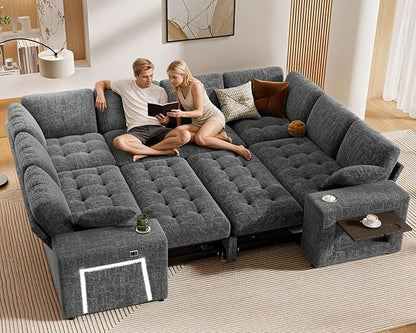 Vipbear 111" Modular Sectional Sleeper Sofa with Pull Out Bed, 8 Seat Chenille U Shaped Couch with 2 Pull-Out Beds|USB Ports|Cup Holders|Side Table|LED Light, Tool Free Assembly, Grey