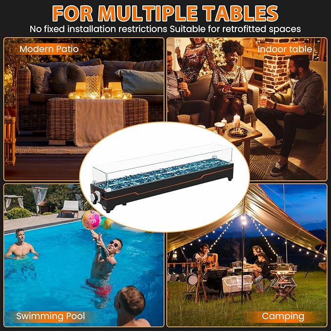 GRISUN Tabletop Fire Pit,36 Inch Propane Fire Pit Table,50000 BTU Table Top Firepit with Glass Wind Guard,Stainless Steel Burner,Fire Glass,Portable Propane fire Pit for Patio, Camping, Backyard & RV