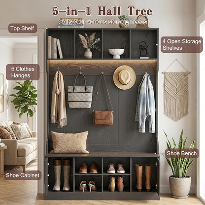 Hall Tree with Bench and Shoe Storage, 5-in-1 Entryway Coat Rack with LED Sensor Light, Hooks and Storage Cubes, Shoe Cabinet with Fluted Door, Modern Hall Tree for Entryway, Living Room