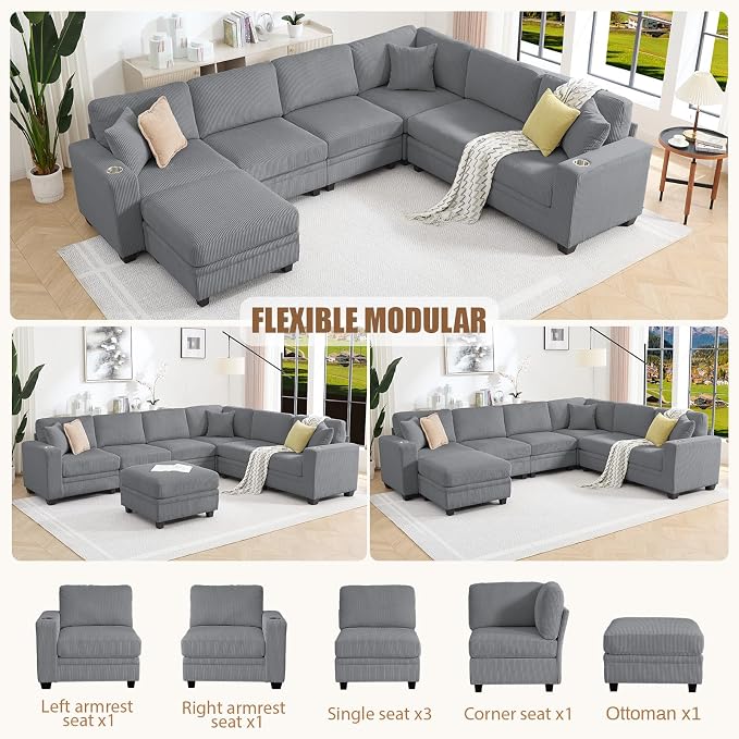 127" Modular Sectional Sofa with Storage, Corduroy 7-Seater V-Shaped Sofa with Ottoman Chaise, Convertible L-Shaped U-Shaped Cloud Sectional Couches for Living Room, Apartment