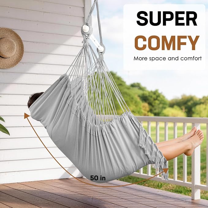 Hammock Chair Hanging Chair Heavy Duty 500 Lbs, Hanging Hammock Chair with Steel Spreader Bar & Adjustable Straps, Indoor Outdoor Hammock Swing for Bedroom Patio Porch Balcony Backyard Camping (Grey)