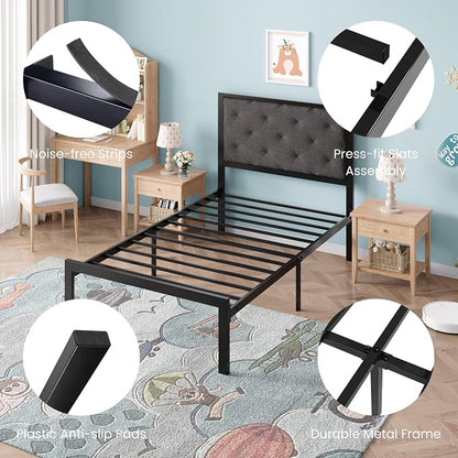 SHA CERLIN Twin Size Metal Bed Frame with Linen Tufted Headboard, Dark Gray | Modern Design Heavy-Duty Platform Bed, No Box Spring Need, Linen Fabric Upholstery, Noise Free, Easy Assembly