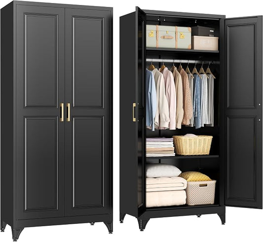 SteeLoong Metal Wardrobe Cabinet with Hanging Rod, 71" Tall Armoire Wardrobe Closet with 2 Doors and Adjustable Shelves, Black Clothing Storage Cabinets for Bedroom, Laundry Room, Cloak Room