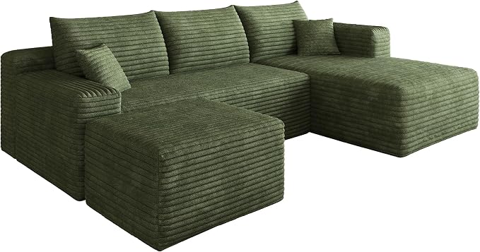 95" Cloud Boneless Sectional Sofa Couch with Chaise Lounge and Ottoman, Modern Corduroy Right Facing Modular Sectional Sofa Compressed Corner Couch with Deep Seat, No Assembly Required