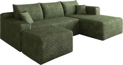 95" Cloud Boneless Sectional Sofa Couch with Chaise Lounge and Ottoman, Modern Corduroy Right Facing Modular Sectional Sofa Compressed Corner Couch with Deep Seat, No Assembly Required