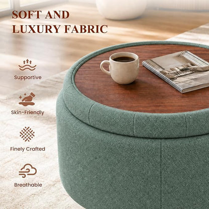 25Inch Round Ottoman with Storage, Tufted Fabric Modern Circle Ottoman with Reversible Tray Lid and Wood Legs, Multi-Functional Small Coffee Table for Living Room, Bedroom, Green
