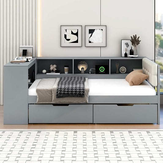 Ball & Cast Twin Size Wood L-Shaped Daybed with Storage Shelves and Built-in Desk,Platform Bed w/Under-Bed Drawers & Charging Station,Upholstered Headboard,No Box Spring Needed,for Student Dorms,Gray