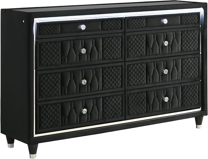 Coaster Home Furnishings - Lorient - Wood and Velvet - 8-Drawer Dresser with LED Lighting, Quilted Fronts and Crystal Knobs - Bedroom - Black - 223163
