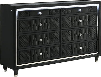 Coaster Home Furnishings - Lorient - Wood and Velvet - 8-Drawer Dresser with LED Lighting, Quilted Fronts and Crystal Knobs - Bedroom - Black - 223163