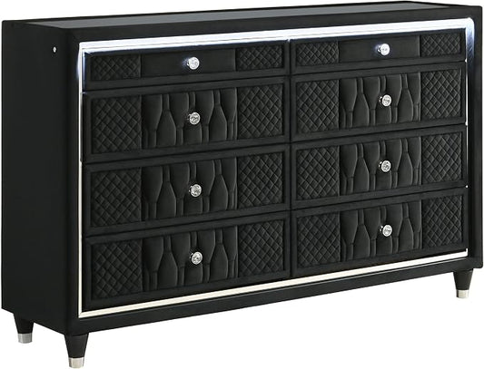 Coaster Home Furnishings - Lorient - Wood and Velvet - 8-Drawer Dresser with LED Lighting, Quilted Fronts and Crystal Knobs - Bedroom - Black - 223163