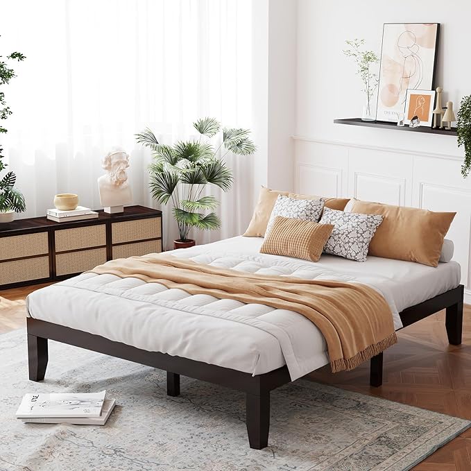 Giantex 14 Inch Queen Wood Platform Bed Frame, Minimalist Style Mattress Foundation with Solid Rubber Wood, Heavy Duty Slat Support, Without Headboard, Easy Assembly, No Box Spring Needed, Espresso