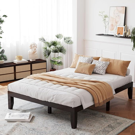 Giantex 14 Inch Queen Wood Platform Bed Frame, Minimalist Style Mattress Foundation with Solid Rubber Wood, Heavy Duty Slat Support, Without Headboard, Easy Assembly, No Box Spring Needed, Espresso