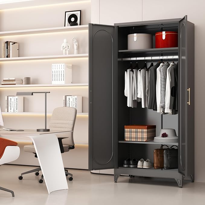 Armoire Wardrobe Closet, 71" Tall Metal Storage Cabinet with Hanging Rod and Adjustable Shelves, Clothes Wardrobe Cabinet, Black Armoires, Steel Closet for Bedroom, Bathroom, Office, School